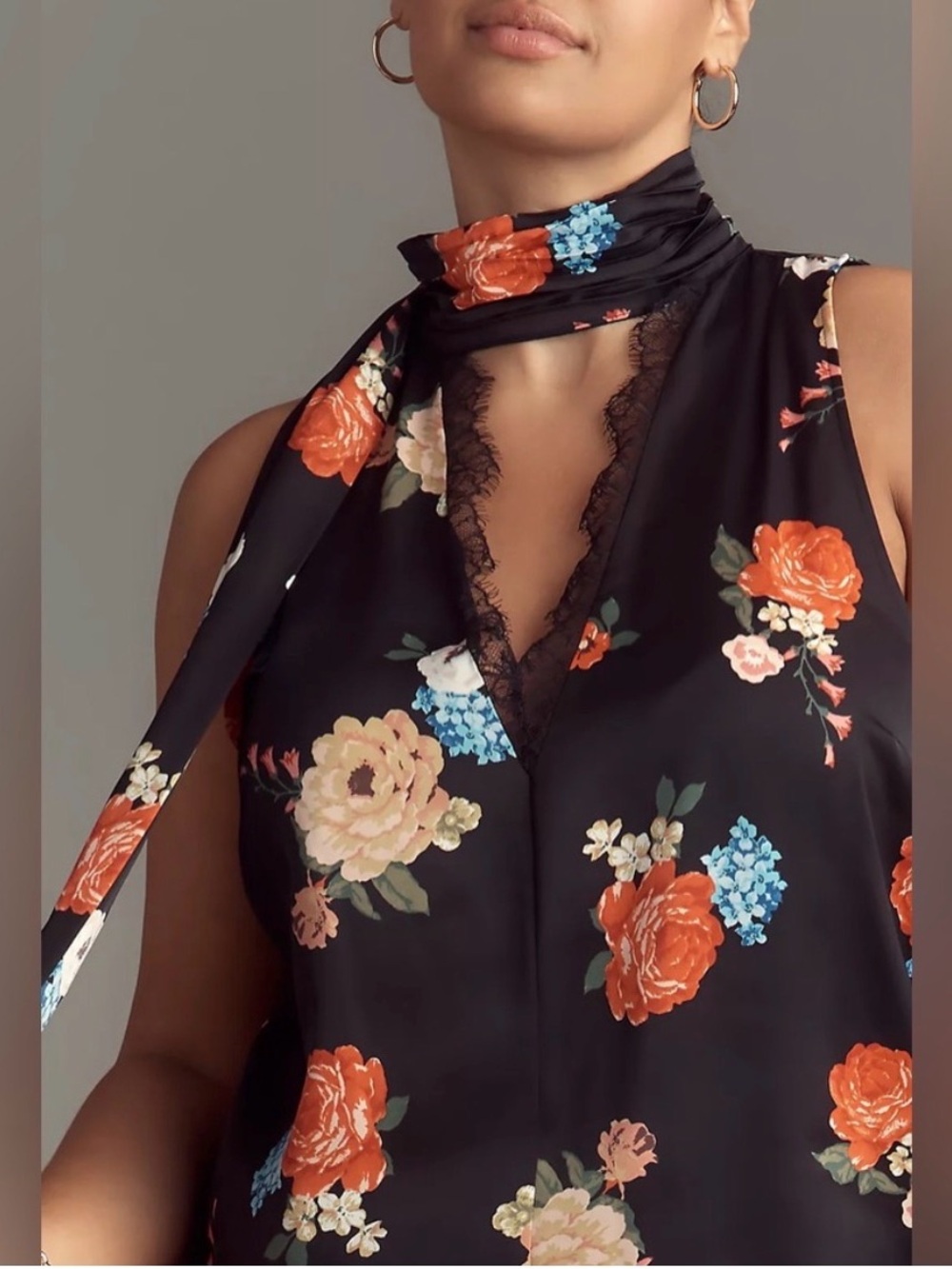 Anthropologie Black Floral Lace-Trim Halter Top - Picture 3 of 8